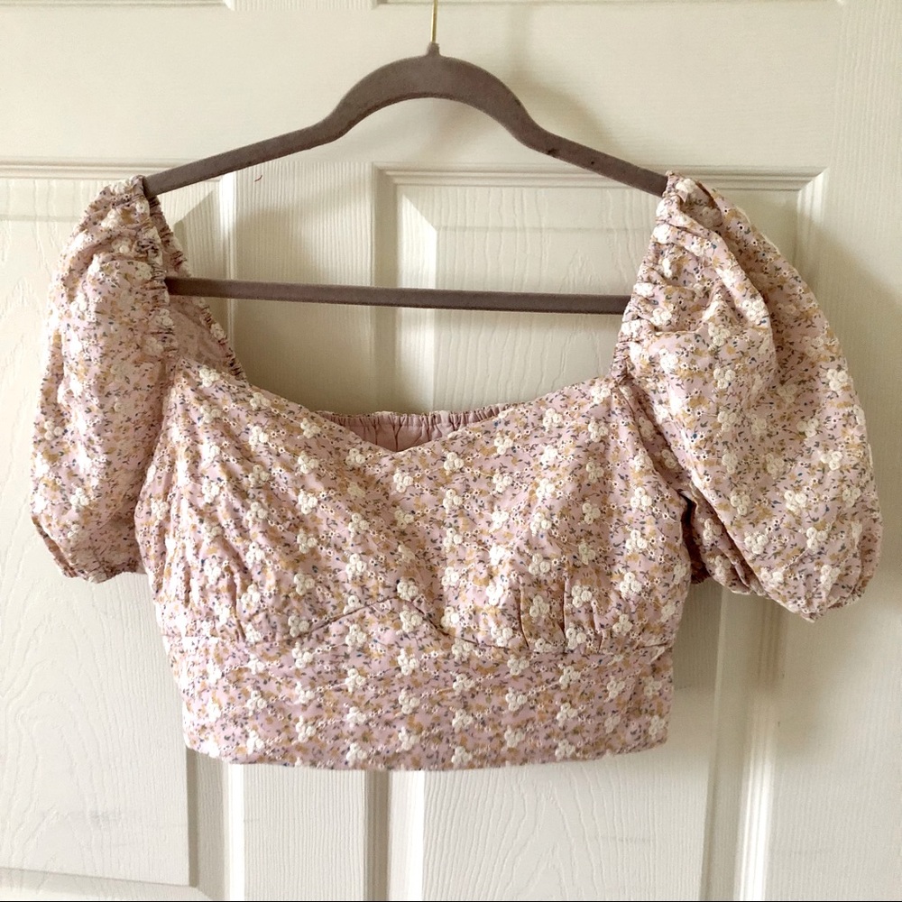 NWOT large embroidered floral crop top